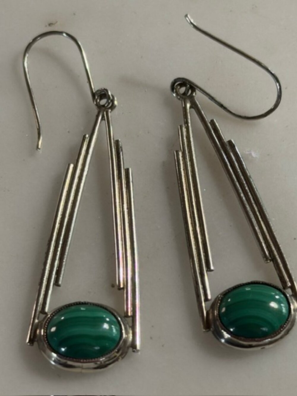 Vintage 1980s Modernist Sterling Silver Malachite Drop Earrings